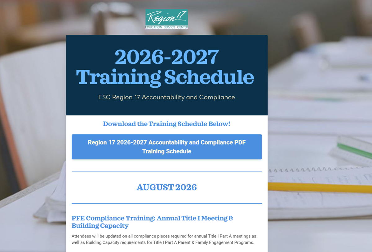 2027-2027 ESC Region 17 Accountability and Compliance Training Schedule